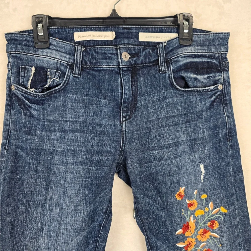 Anthropologie Pilcro Slim Boyfriend Jeans Floral Embroidered Dark Wash 29